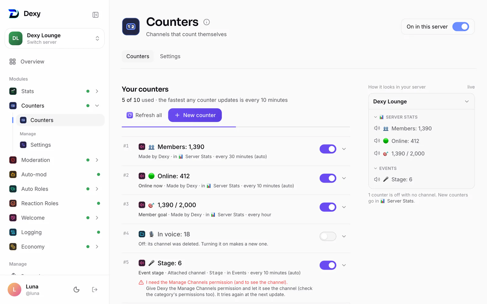 Counters on the dashboard