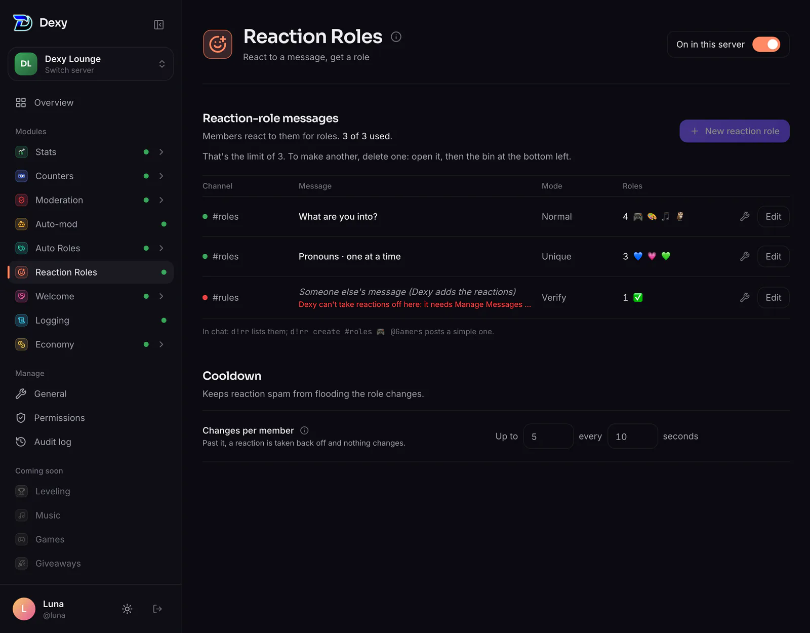 Reaction Roles on the dashboard: each message with its channel, first line, mode and emojis, and how many of the 3 are used