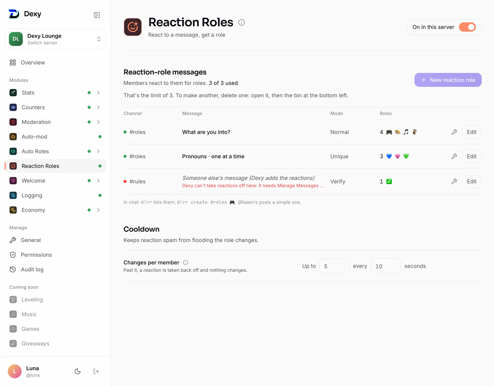 Reaction Roles on the dashboard: each message with its channel, first line, mode and emojis, and how many of the 3 are used